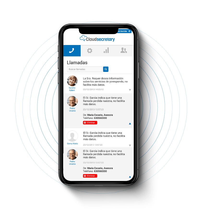 Teléfono móvil con la aplicación de Cloudsecretary en pantalla